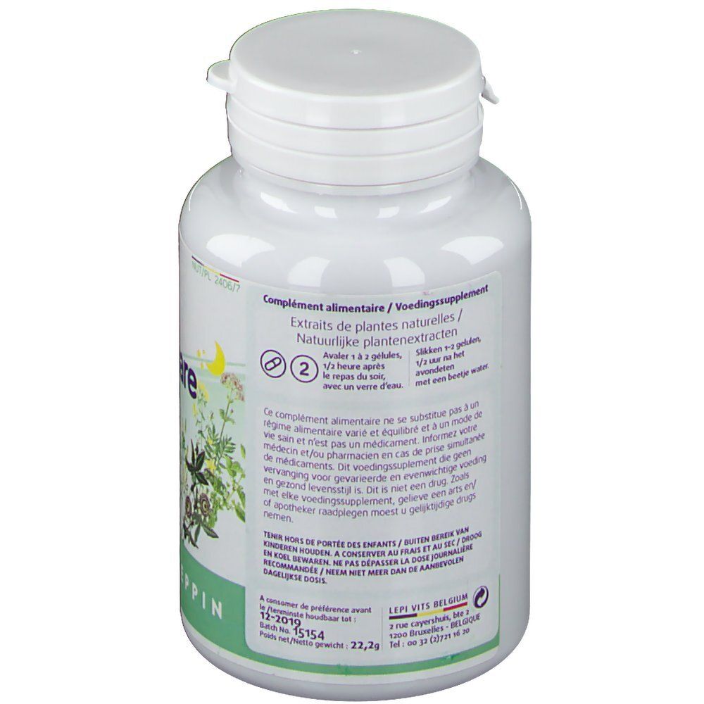 Retro del flacone bianco. Testo multilingue. Contiene informazioni sugli integratori alimentari e sugli estratti vegetali.