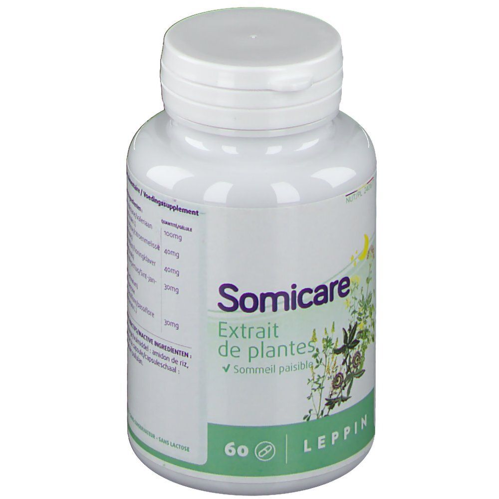 Flacone bianco con 'Somicare' e 'Estratto di piante'. Contiene 60 capsule. 'LEPPIN' in basso.