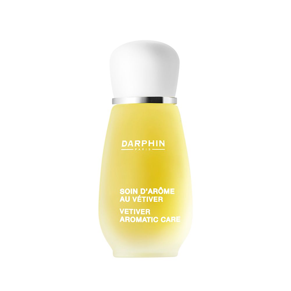 Flacone giallo con tappo bianco. Scritte: DARPHIN, Soin d'Arôme au Vétiver, Vetiver Aromatic Care.