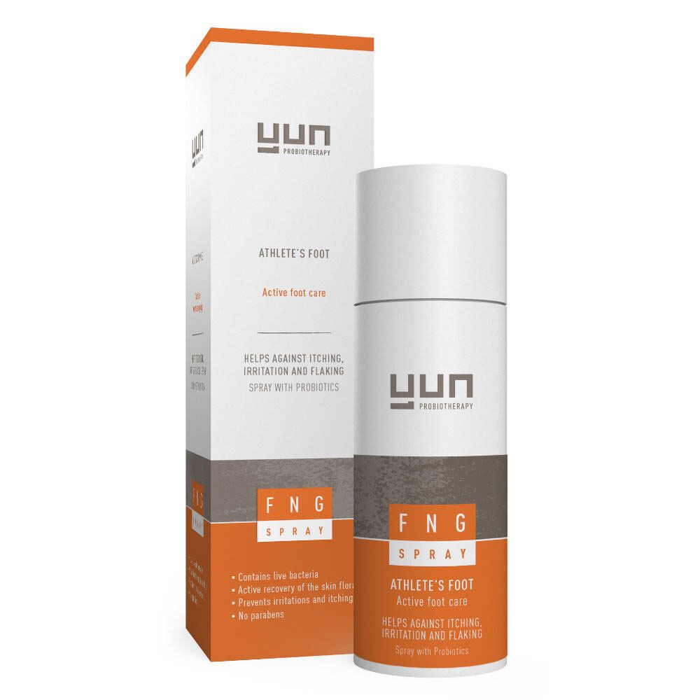 YUN FNG Spray, flacone bianco con etichetta arancione. Testo: Athlete's Foot, aiuta contro prurito e desquamazione.