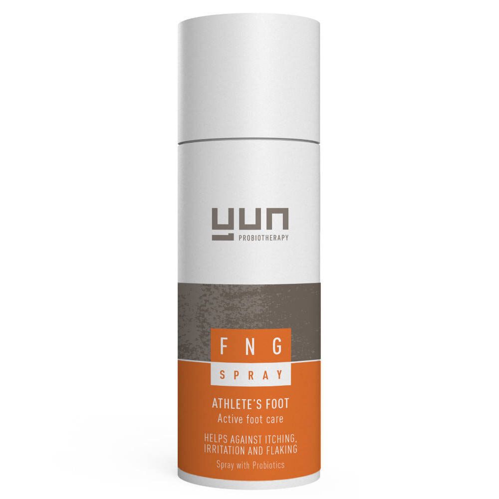 YUN FNG Spray, flacone spray bianco con etichetta marrone e arancione. Testo: Athlete's Foot, aiuta contro prurito e desquamazione.