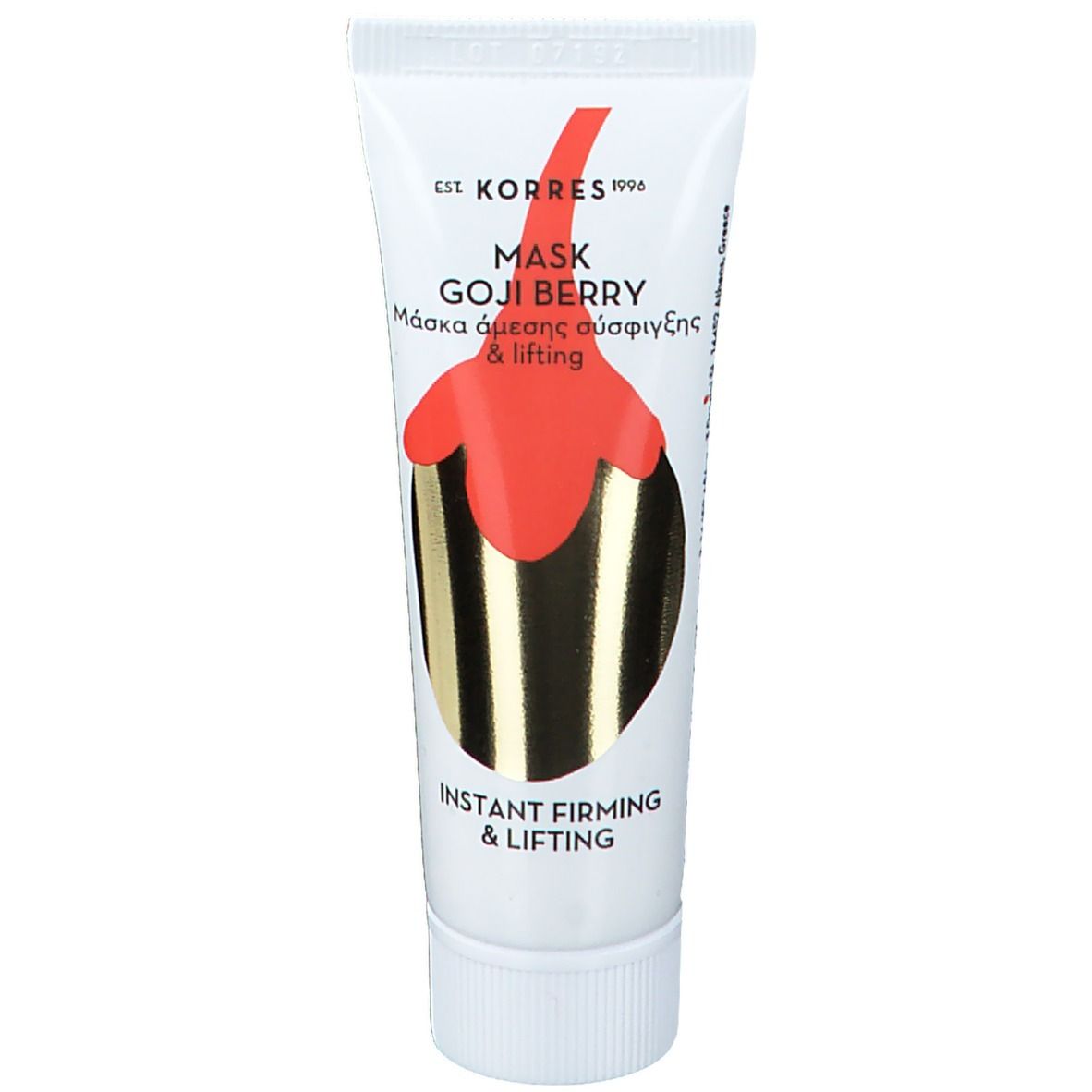 Tubo bianco con design rosso e oro. Scritta: KORRES, Mask Goji Berry, Instant Firming & Lifting.