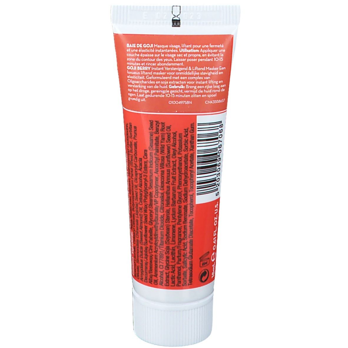 Retro del tubo bianco. Testo multilingue, tra cui Goji Berry, Instant Firming & Lifting. Codice a barre.