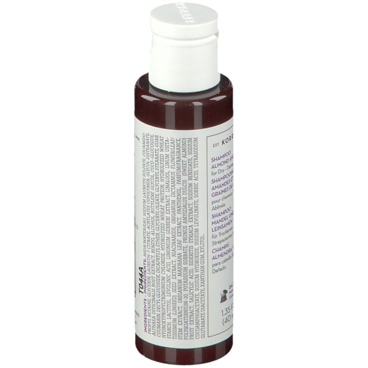Flacone shampoo KORRES. Retro con ingredienti, tappo bianco. Testo: Mandorla e lino per capelli secchi.