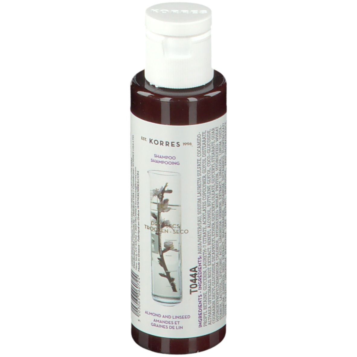 Flacone shampoo KORRES. Marrone, tappo bianco. Etichetta con ingredienti, illustrazione mandorla e lino.