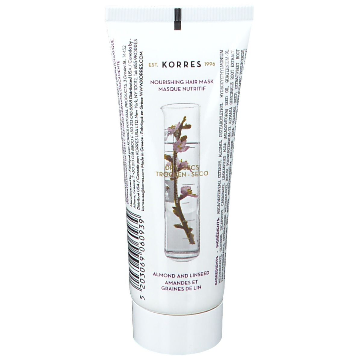 Tubo bianco con testo e illustrazione di fiore di mandorlo. Marchio KORRES® visibile.