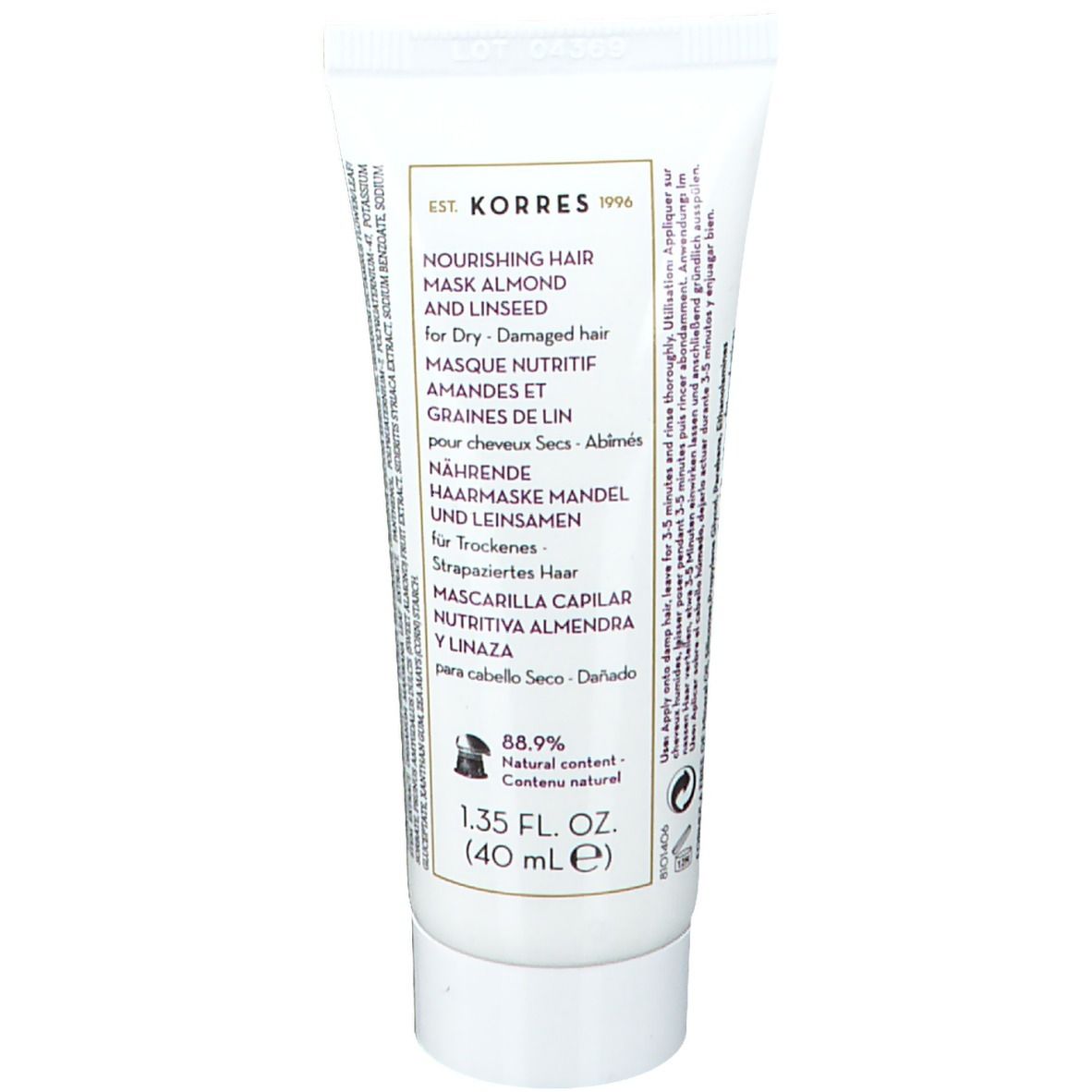 Tubo bianco con testo prodotto. Marchio KORRES® e testo per capelli secchi. Volume indicato.