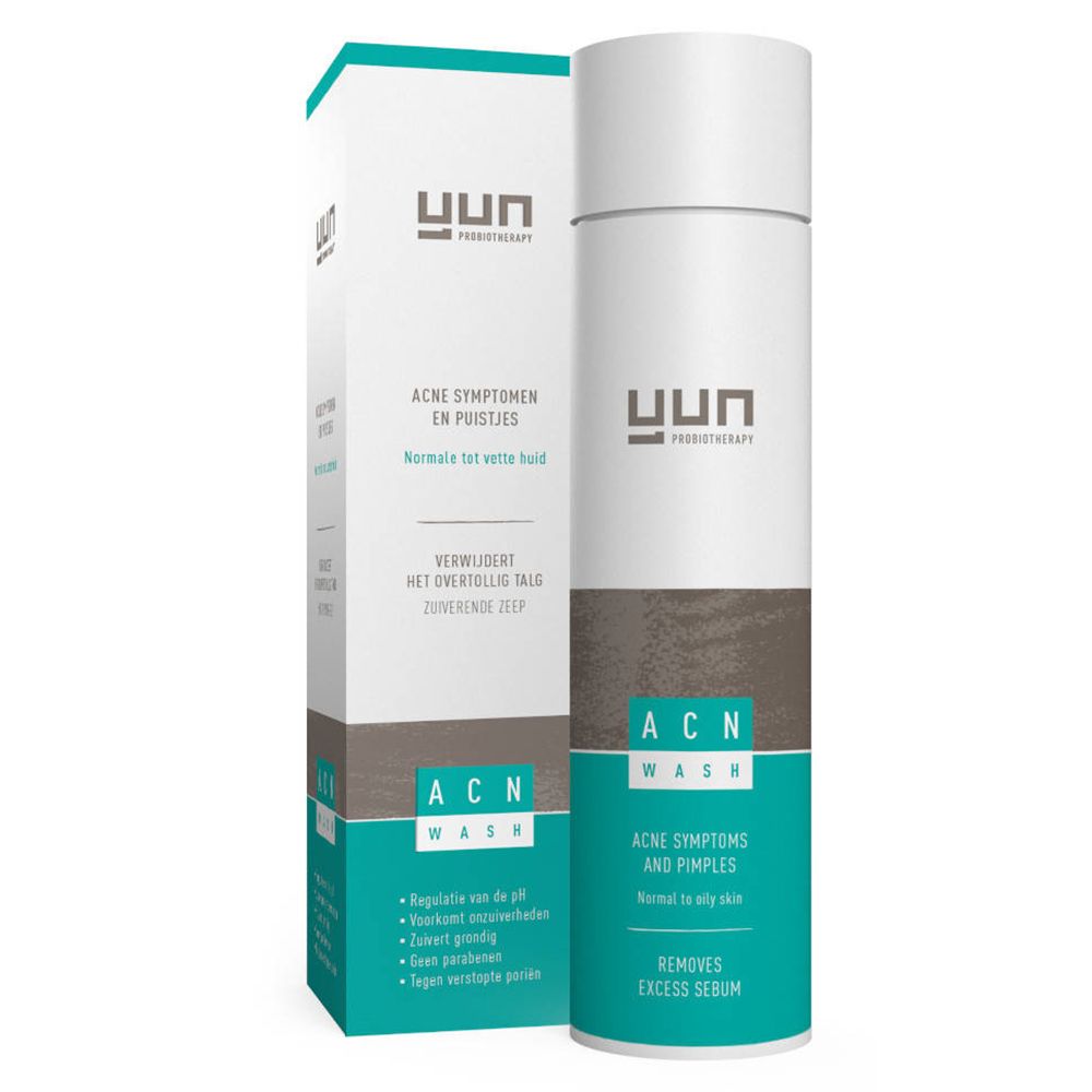 Due flaconi bianchi con fascia marrone. Scritta: YUN, ACN Wash. Sulla confezione: Sintomi dell'acne e brufoli.