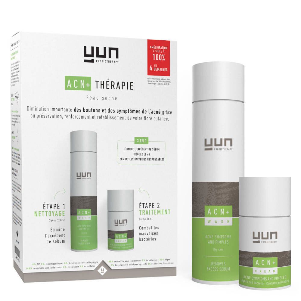 Confezione con due prodotti e altri due prodotti. Scritta: YUN ACN+ Therapie. Prodotti per la pulizia e il trattamento.