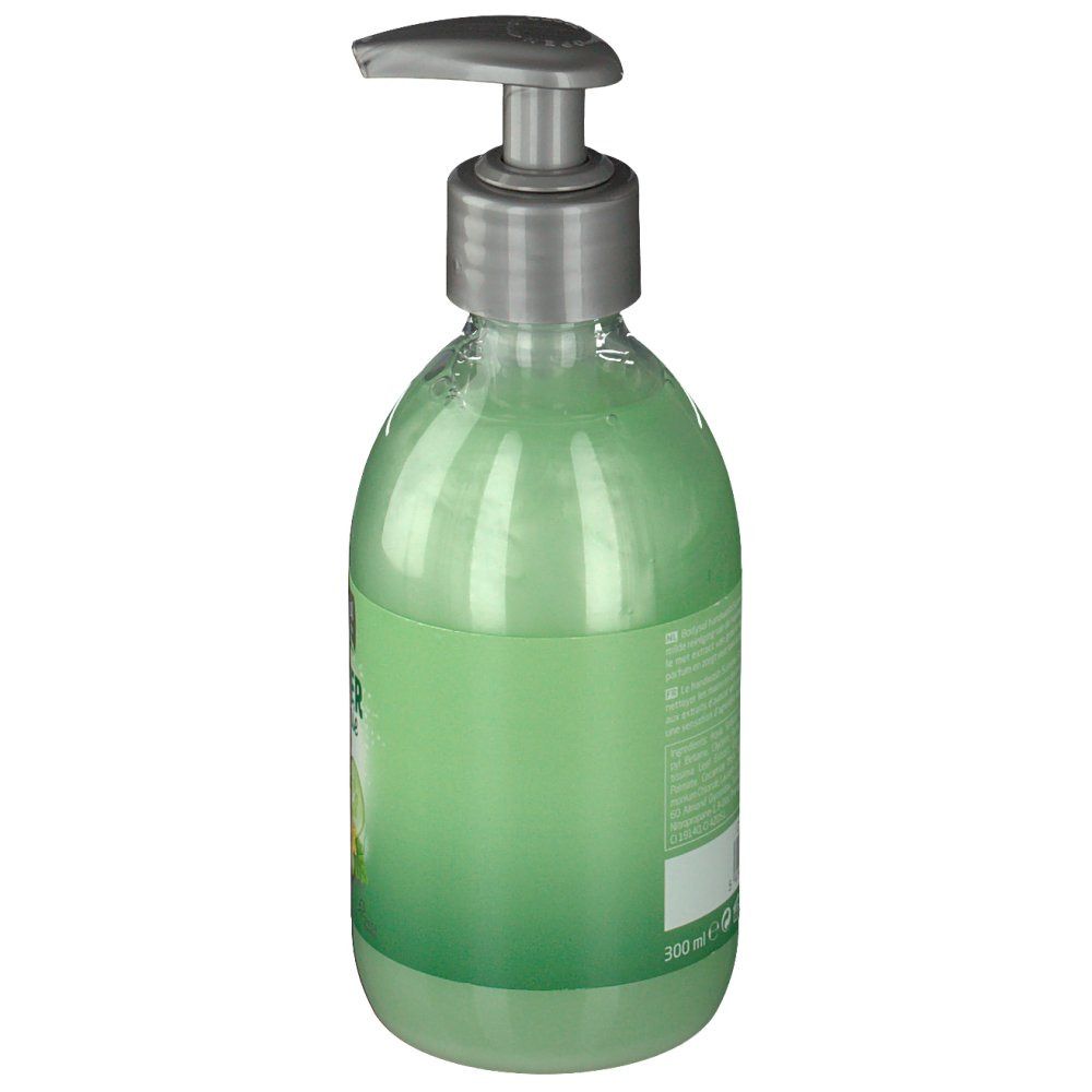 Sapone per le mani verde con dispenser a pompa. Vista laterale. Scritta illeggibile. 300 ml.