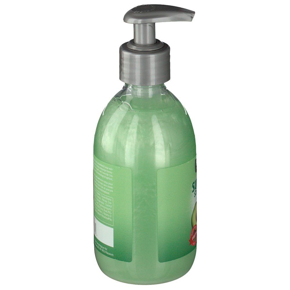 Sapone per le mani verde con dispenser a pompa. Vista laterale. Scritta illeggibile. 300 ml.