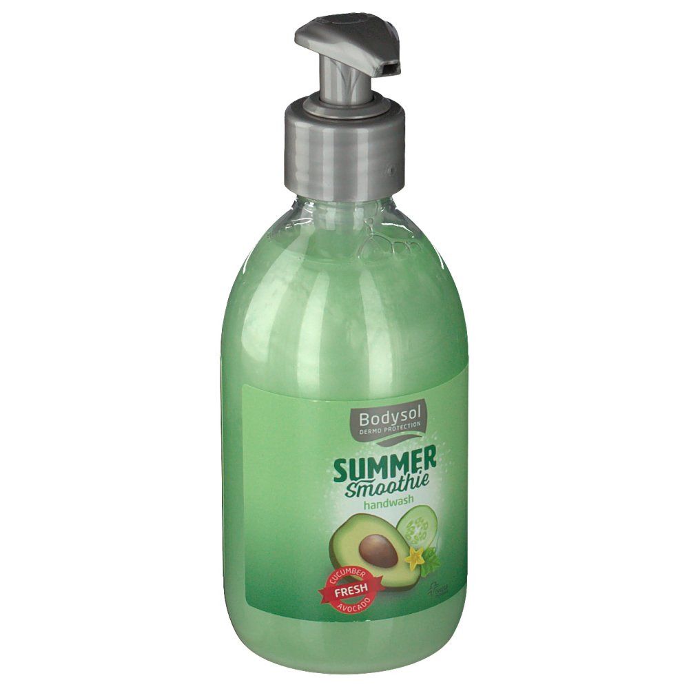 Sapone per le mani verde con dispenser a pompa. Scritta: Bodysol, Summer Smoothie, Handwash. Immagine di avocado e cetriolo.