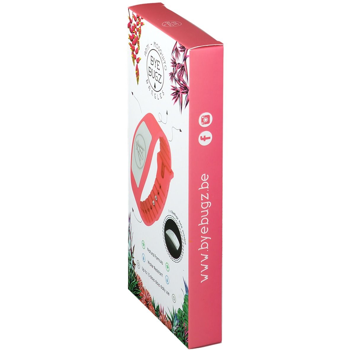 Vista laterale della confezione. Scritta ByeBugz. Indirizzo sito web. Braccialetto corallo. Include ricarica.