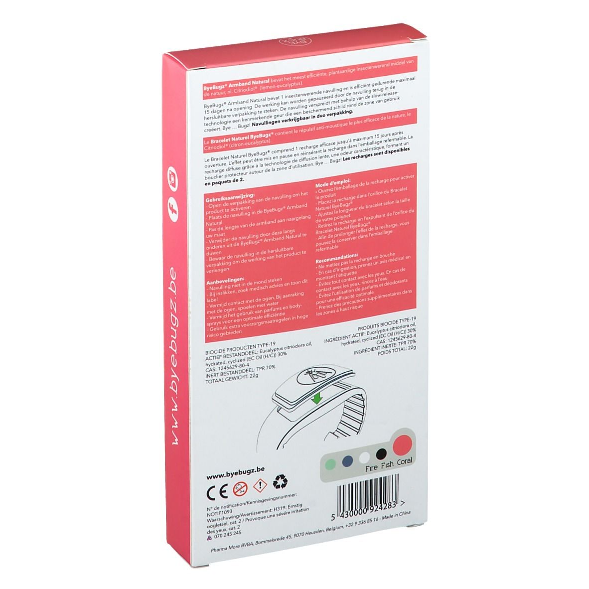 Retro della confezione. Testo multilingue. Colori prodotto: Fire Fish Coral. Marchio CE.