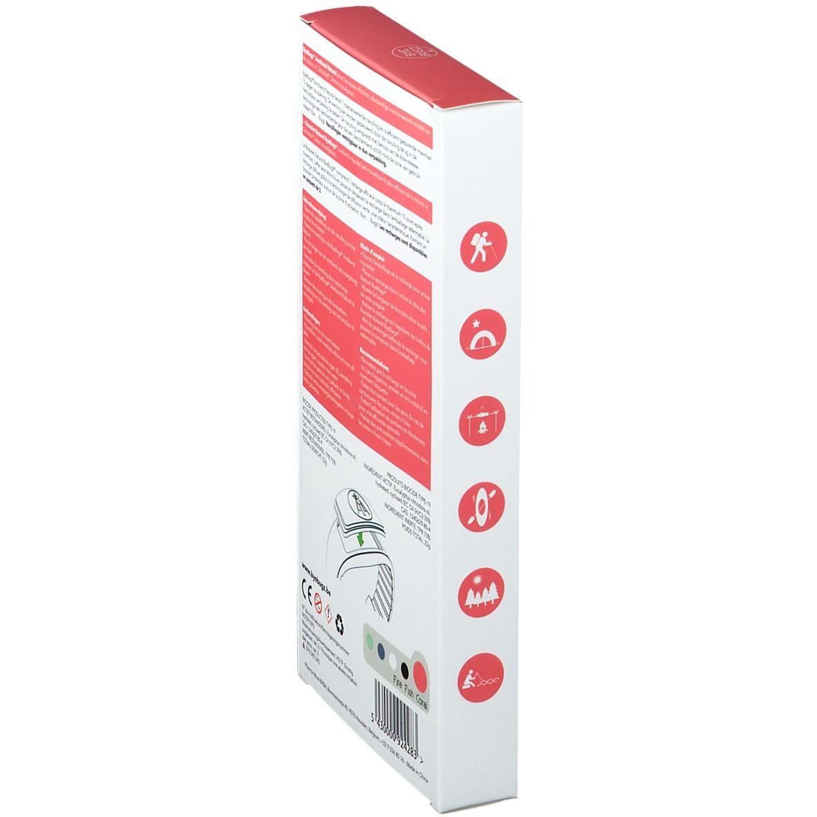 Vista laterale della confezione. Testo multilingue. Pittogrammi. Marchio CE.