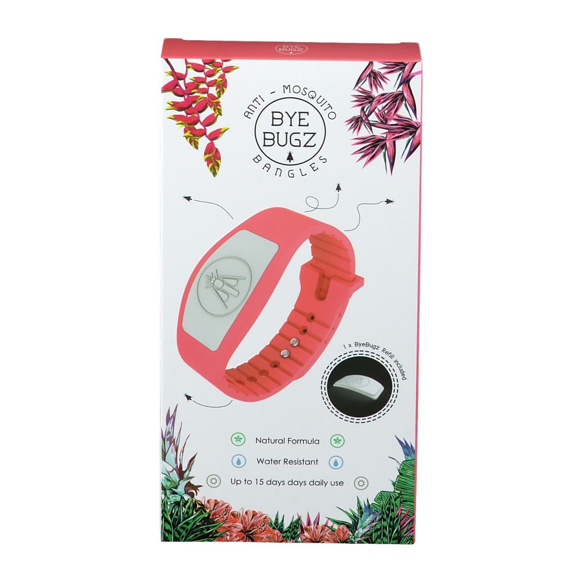 Confezione con braccialetto corallo. Scritta ByeBugz Bangles. Include ricarica. Formula naturale, resistente all'acqua.