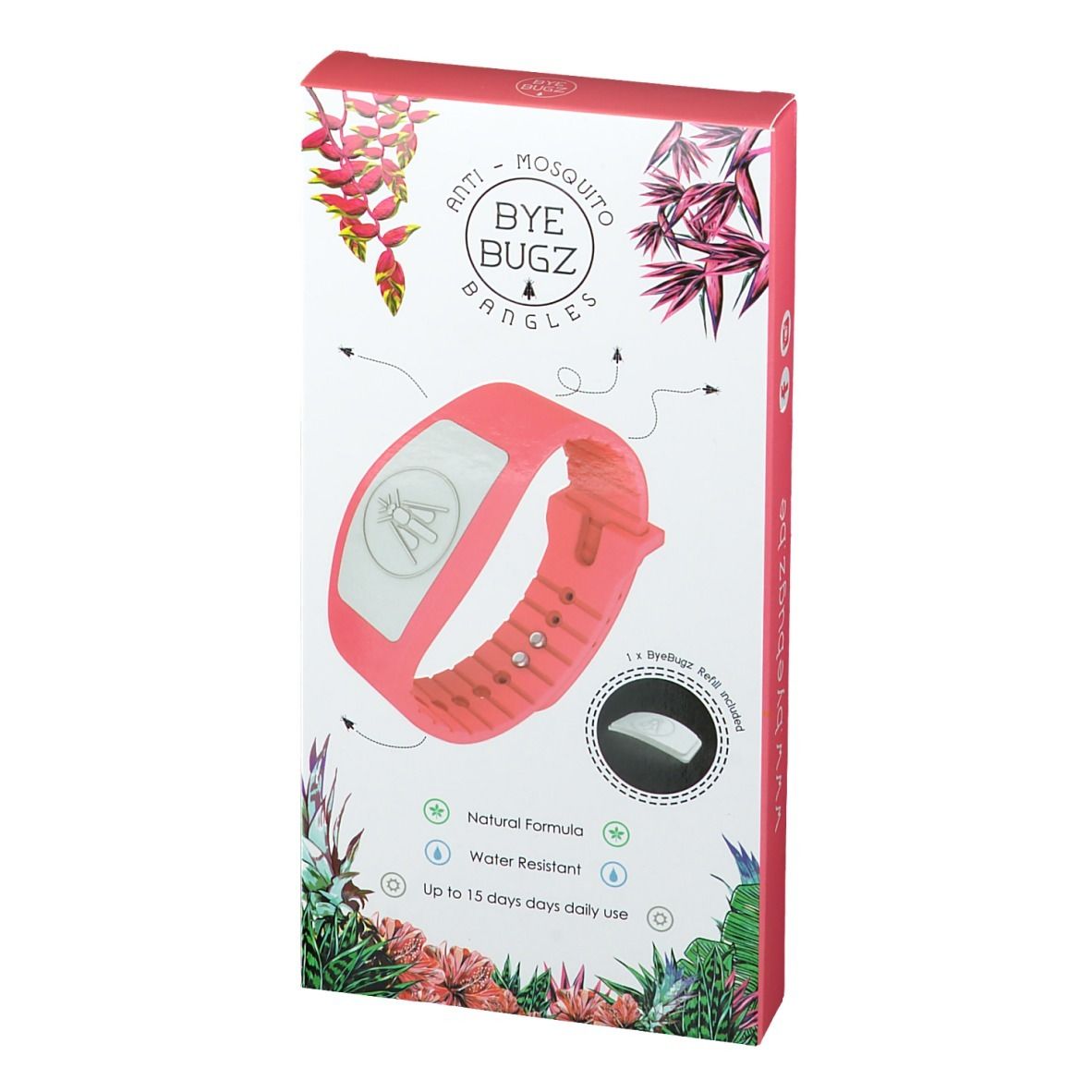 Confezione con braccialetto corallo. Scritta ByeBugz Bangles. Include ricarica. Formula naturale, resistente all'acqua.