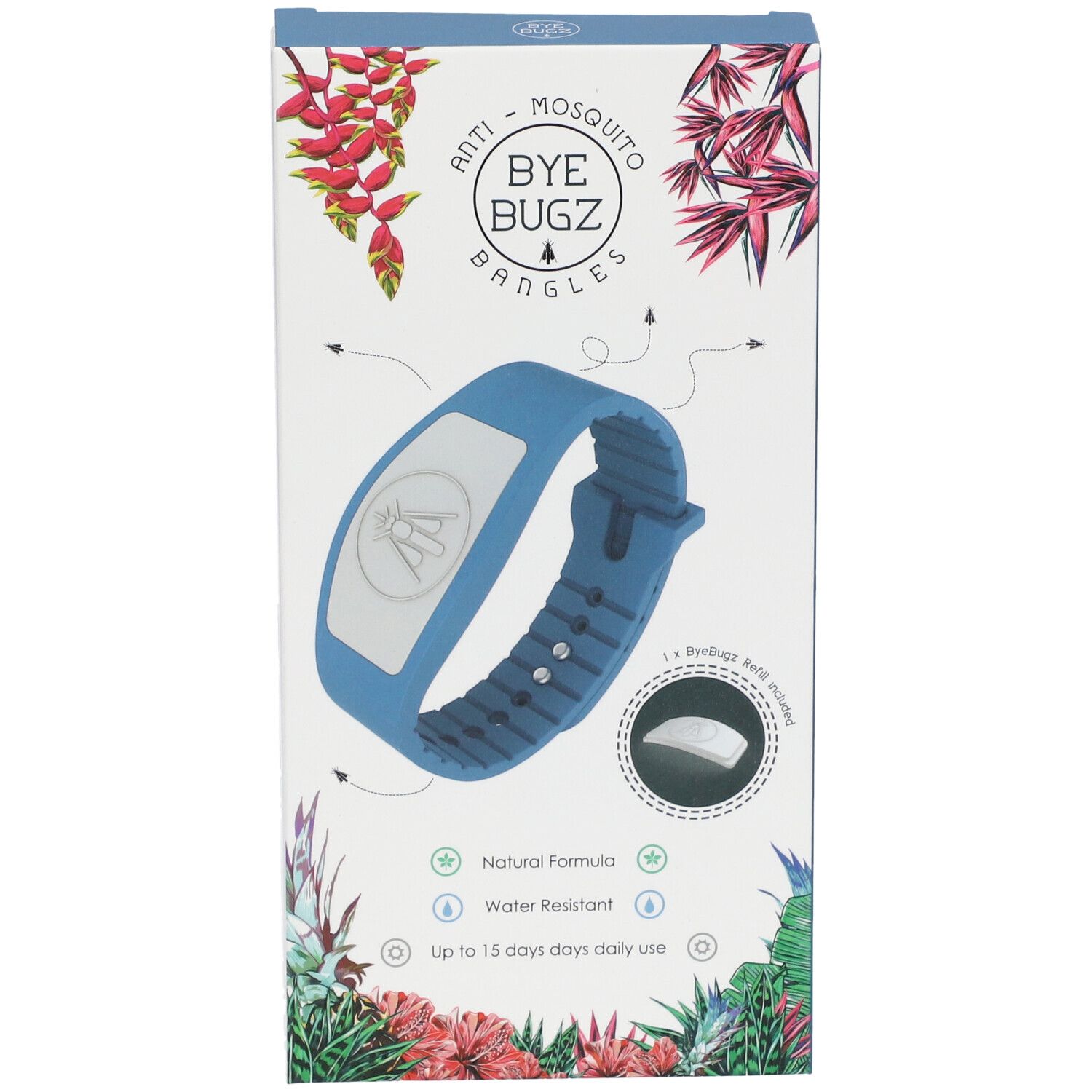 Braccialetto blu con inserto bianco nella confezione. Stampa: ByeBugz, braccialetti anti-zanzare. Formula naturale, resistente all'acqua, 15 giorni.