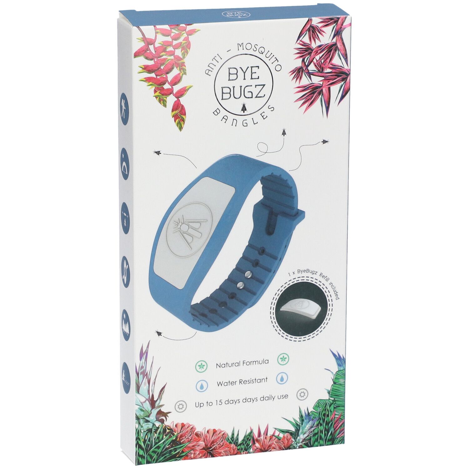 Braccialetto blu con inserto bianco nella confezione. Stampa: ByeBugz, braccialetti anti-zanzare. Formula naturale, resistente all'acqua, 15 giorni.