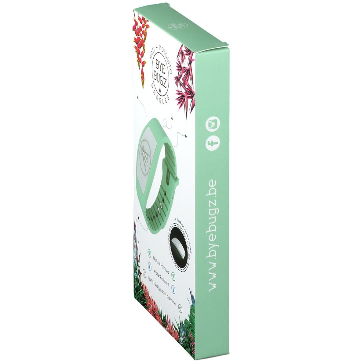 Scatola con braccialetto verde. Scritta: ByeBugz. Sito web: byebugz.be. Il braccialetto è raffigurato sulla confezione.