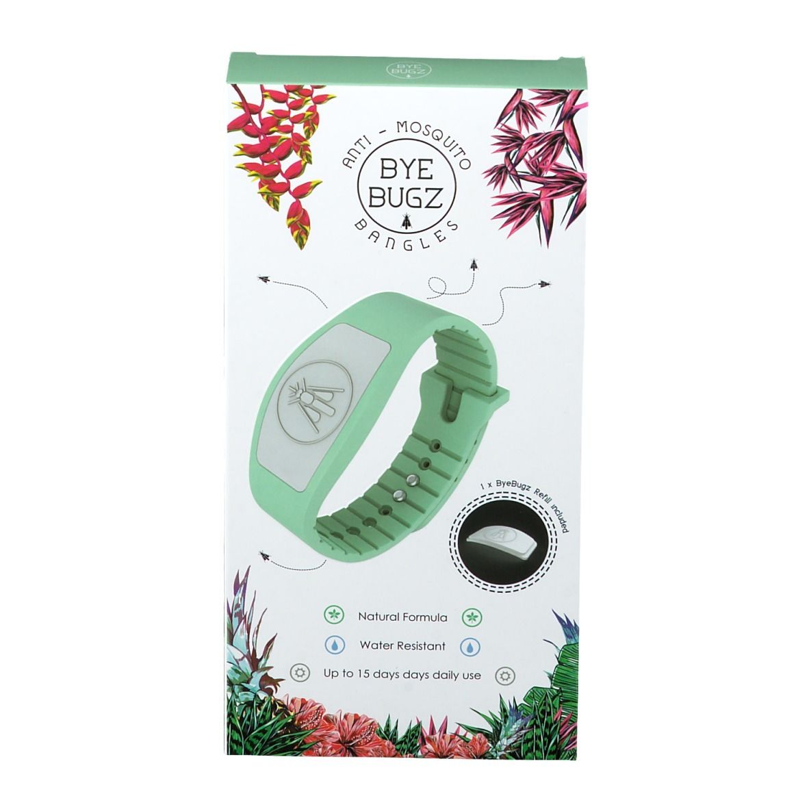Confezione con braccialetto verde. Scritta: Anti-Mosquito ByeBugz Bangles. Contiene un braccialetto e una ricarica.