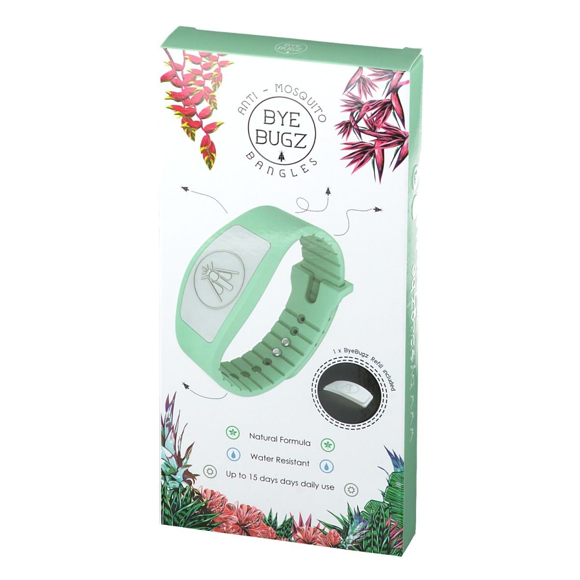 Confezione con braccialetto verde. Scritta: Anti-Mosquito ByeBugz Bangles. Contiene un braccialetto e una ricarica.