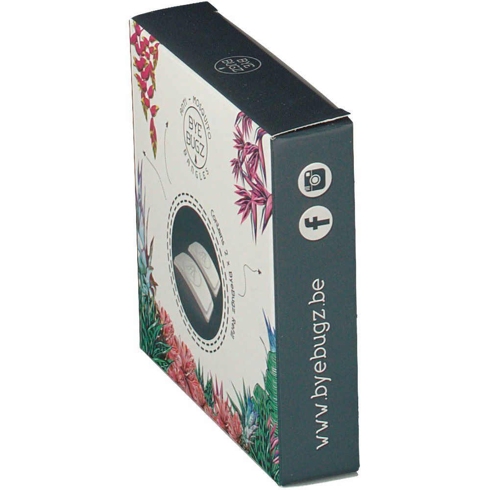 Confezione con design floreale. Contiene due ricariche ByeBugz. Logo e icone social media.