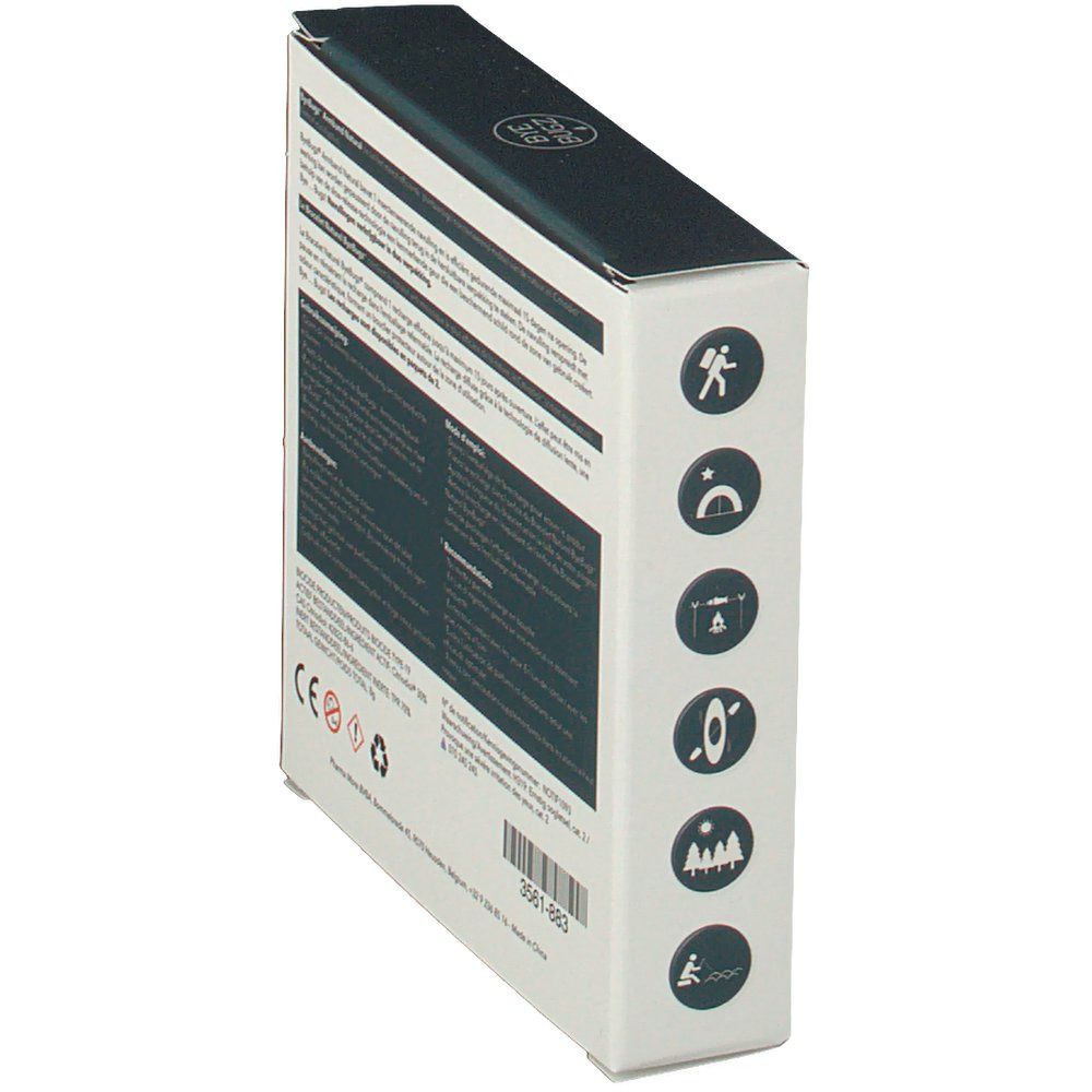 Vista laterale della confezione con testo e icone. Testo: ByeBugz. Icone per varie attività.