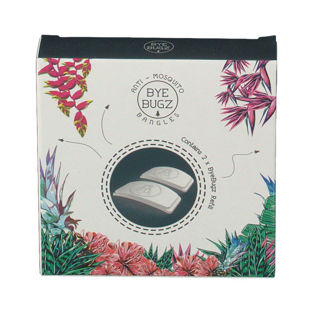 Confezione con design floreale. Contiene due ricariche ByeBugz. Testo: Braccialetti anti-zanzare.