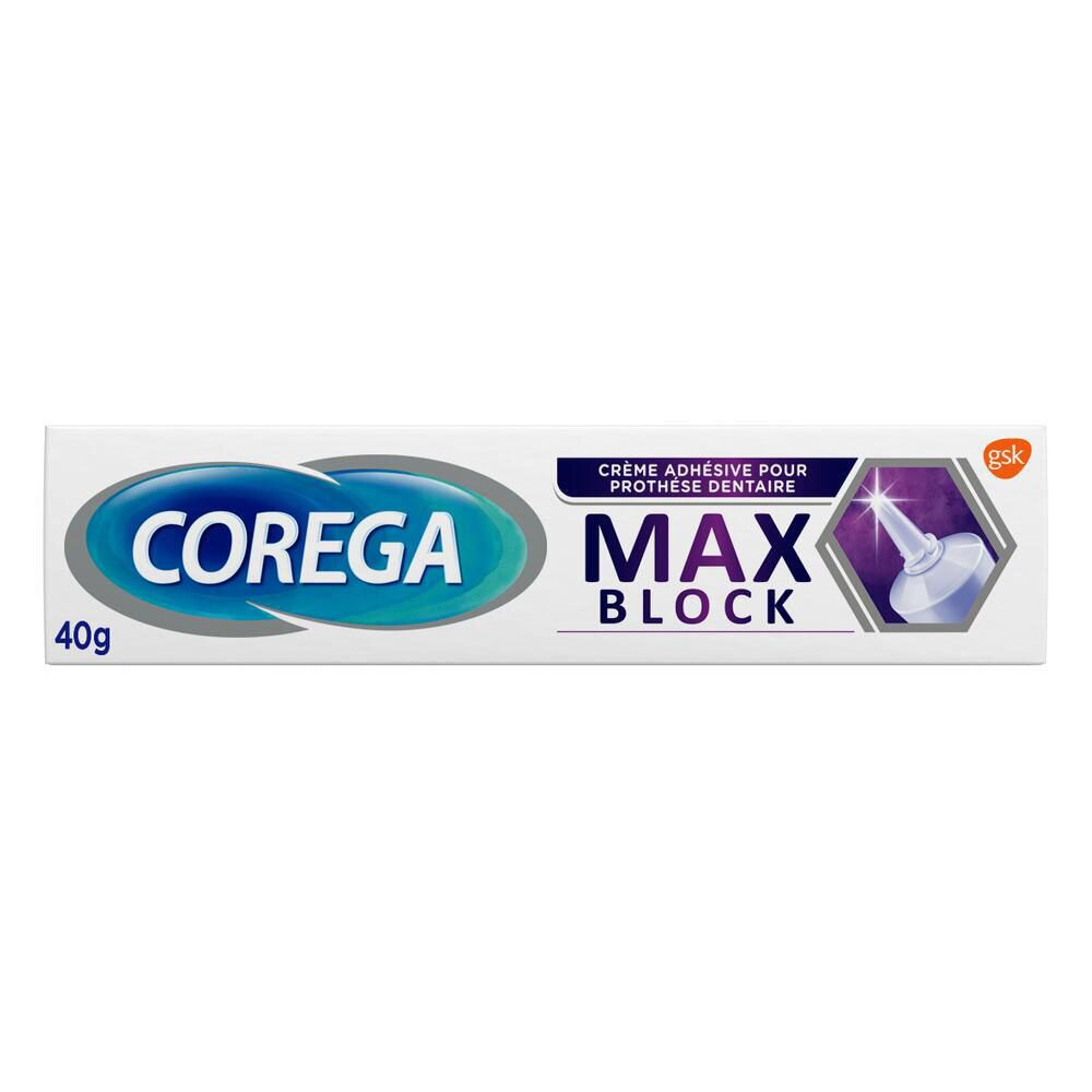 Tubo bianco COREGA MAX BLOCK. Scritta COREGA, MAX BLOCK, 40g. Illustrazione di una punta.