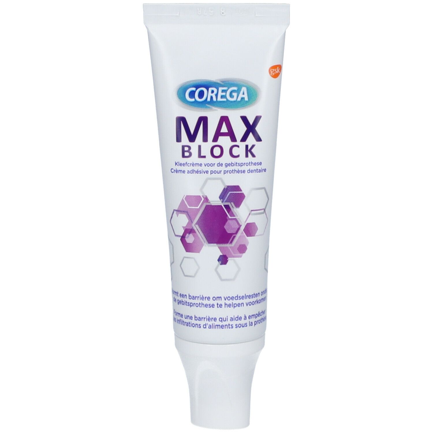 Tubo bianco COREGA MAX BLOCK. Scritta COREGA, MAX BLOCK. Illustrazione di una punta. Testo in francese e olandese.