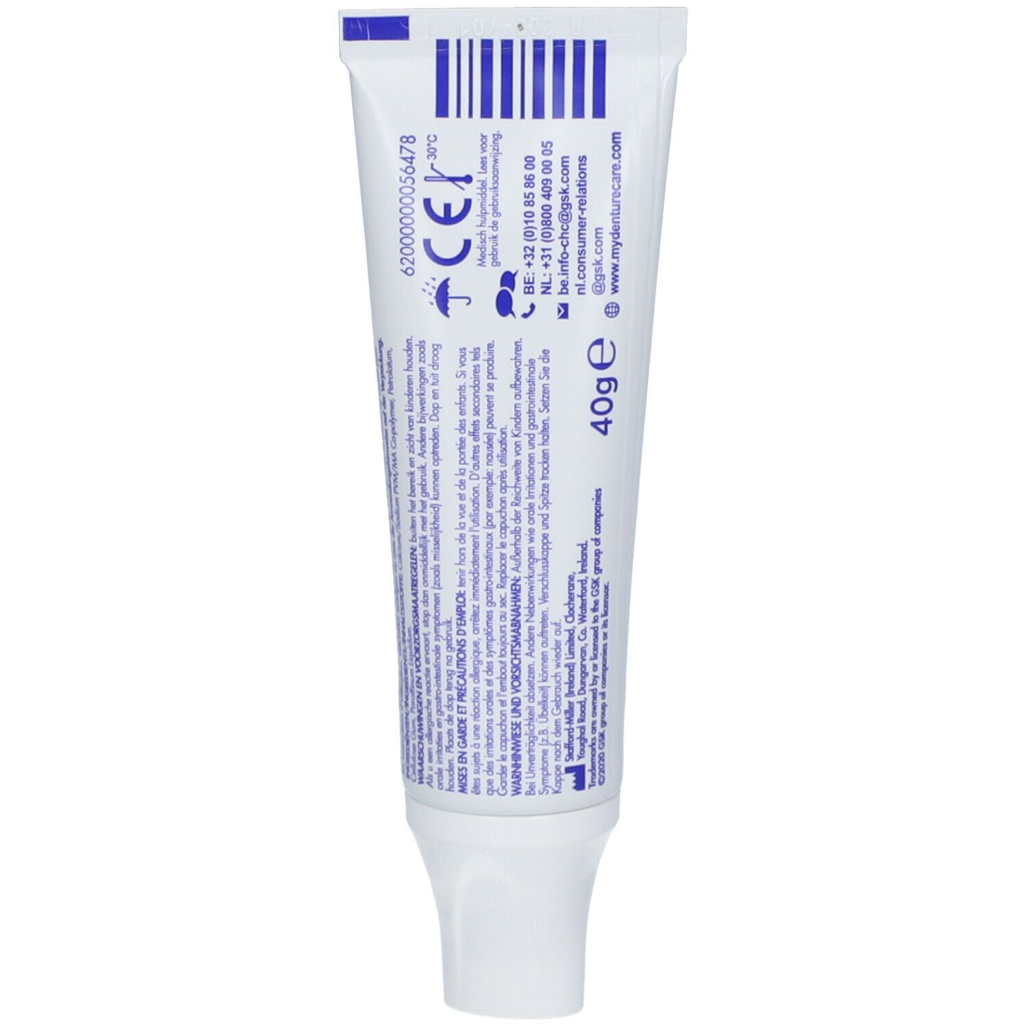 Retro del tubo COREGA MAX BLOCK. Testo multilingue, codice a barre, marchio CE, 40g.