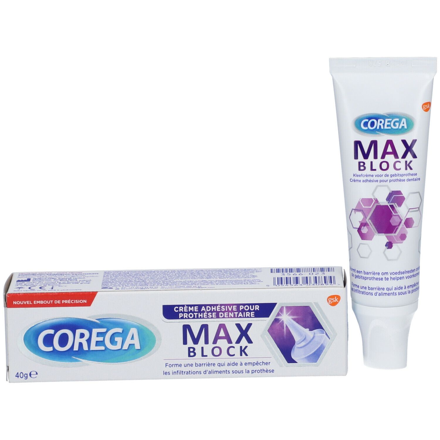 Tubo e confezione COREGA MAX BLOCK. Scritta COREGA, MAX BLOCK, 40g. Illustrazione di una punta.
