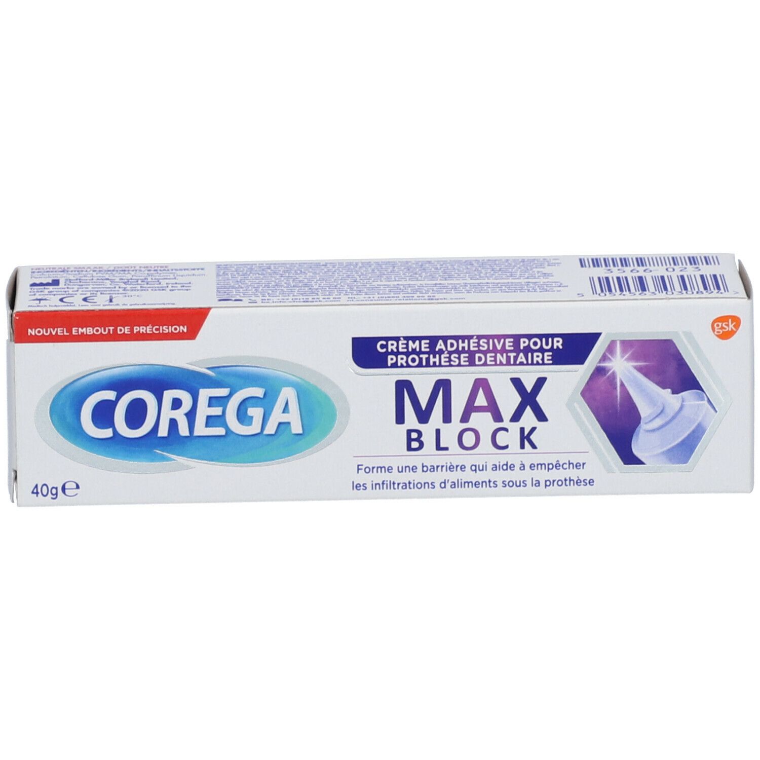 Confezione COREGA MAX BLOCK. Scritta COREGA, MAX BLOCK, 40g. Illustrazione di una punta.