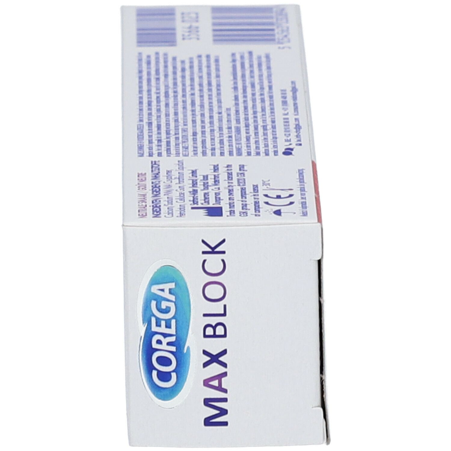 Vista laterale della confezione COREGA MAX BLOCK. Scritta COREGA, MAX BLOCK.