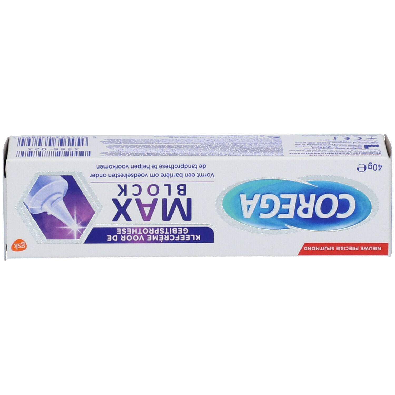 Confezione COREGA MAX BLOCK. Scritta COREGA, MAX BLOCK, 40g. Illustrazione di una punta. Testo in olandese.