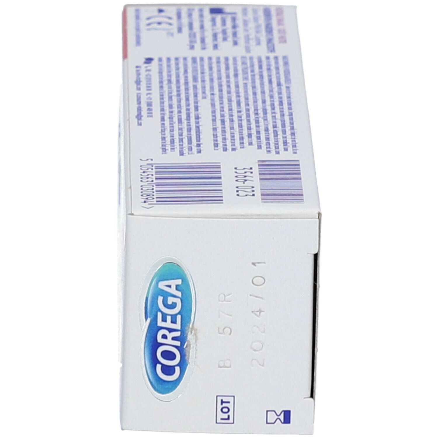 Vista laterale della confezione COREGA MAX BLOCK. Scritta COREGA, MAX BLOCK. Codice a barre e numero di lotto.