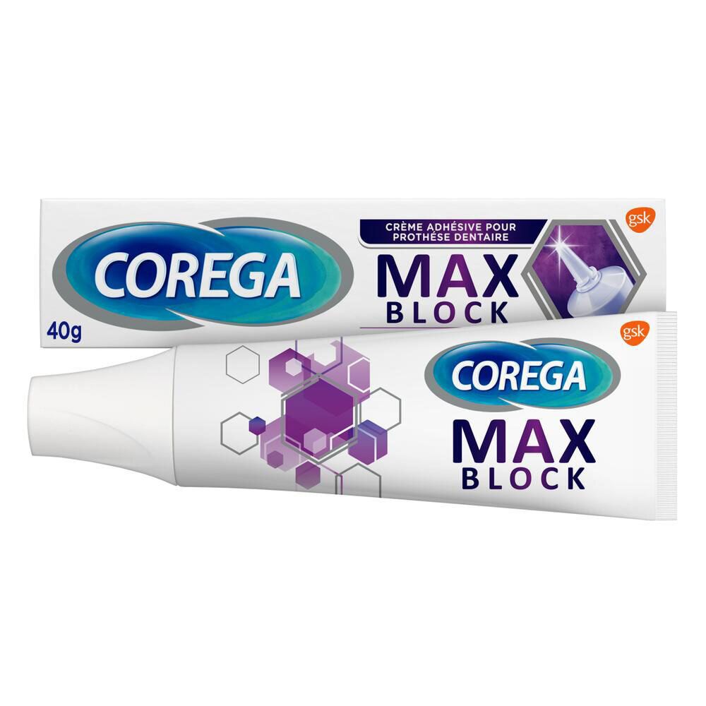 Tubo e confezione COREGA MAX BLOCK. Scritta COREGA, MAX BLOCK, 40g. Illustrazione di una punta.