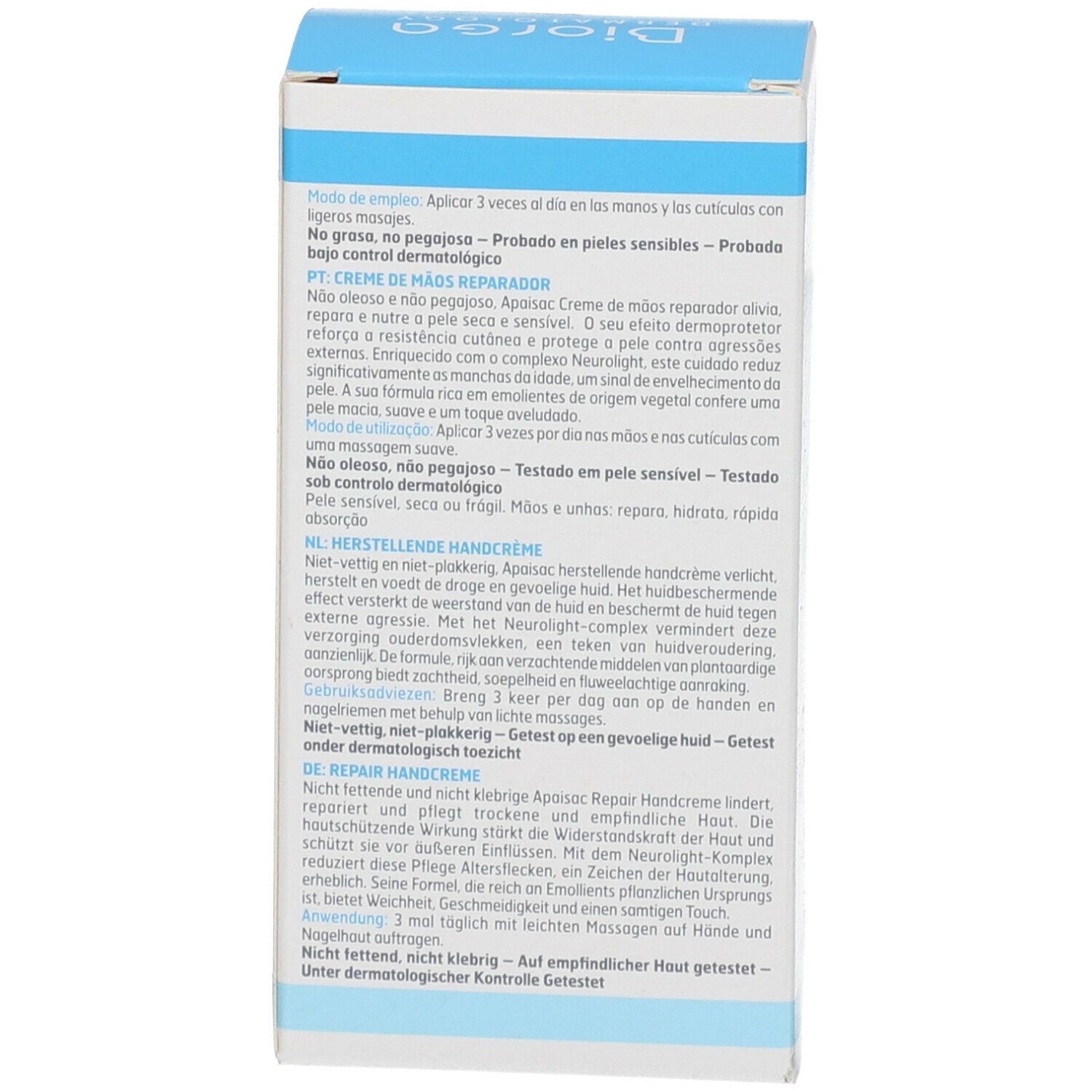 Scatola, vista dettagliata. Testo multilingue. Istruzioni e produttore. 50 ml.