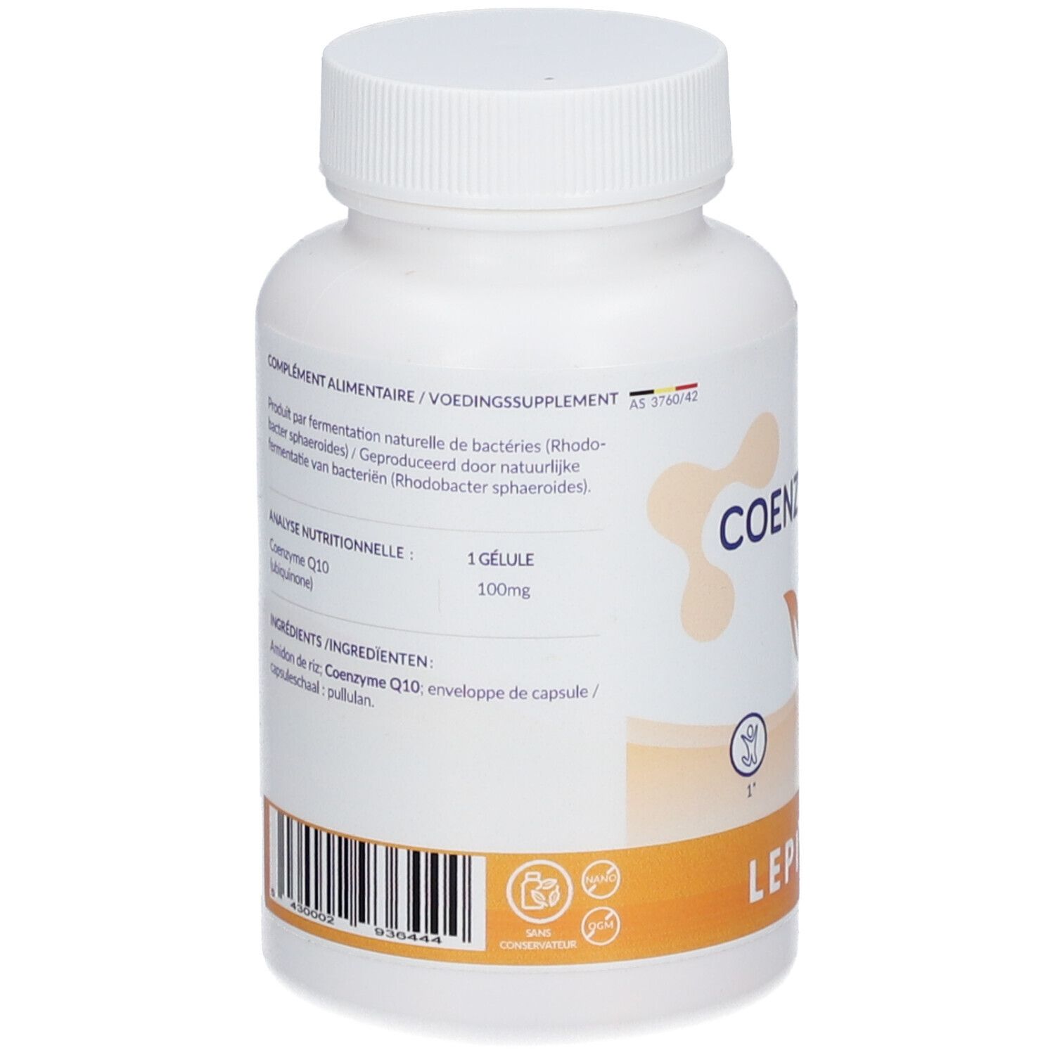 Retro di un flacone bianco di capsule. Contiene informazioni sugli ingredienti e l'analisi nutrizionale. Marchio: Leppin.