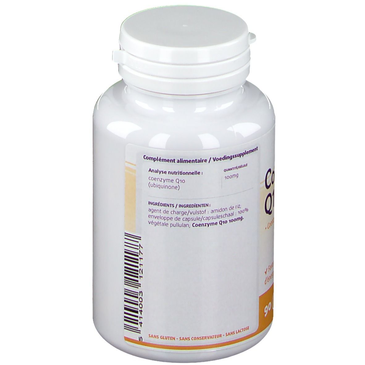 Retro di un flacone bianco di capsule. Contiene informazioni sugli ingredienti e l'analisi nutrizionale. Marchio: Lepivits.