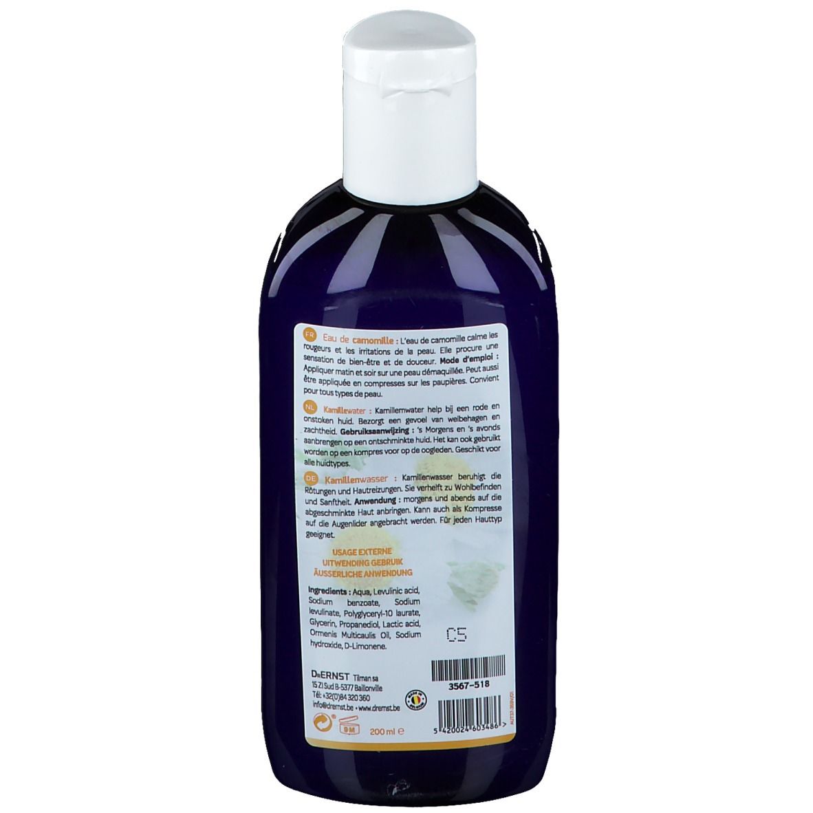 Retro del flacone. Testo in tedesco e francese. Elenco ingredienti. Scritta: Dr. Ernst. Con certificazioni.