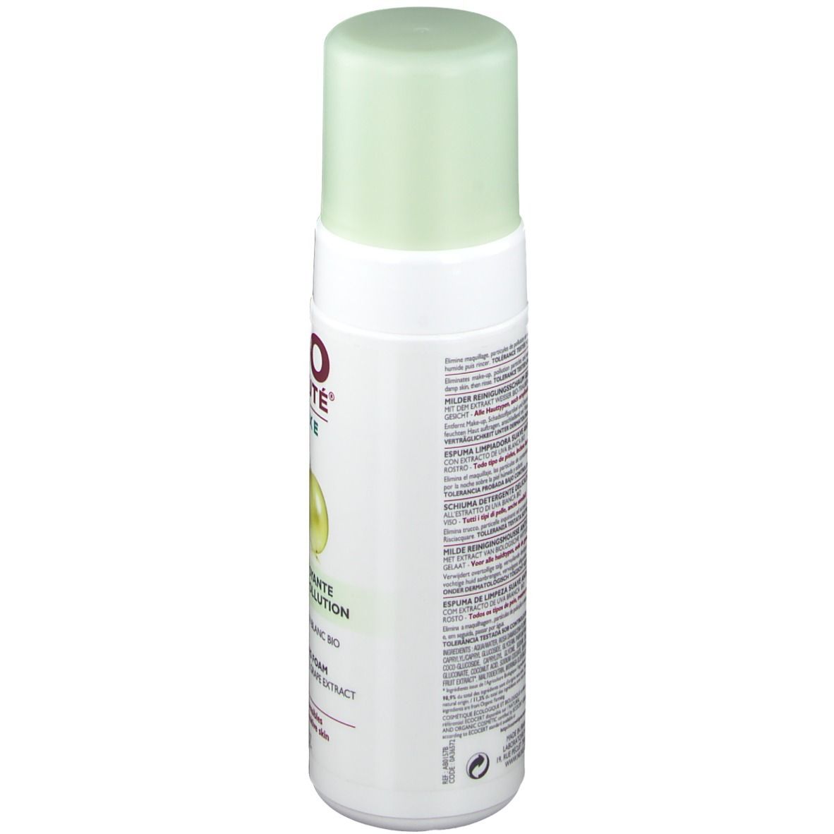 Flacone bianco con tappo verde. Scritta e testo sul lato. Retro con testo. Nome del prodotto non visibile.