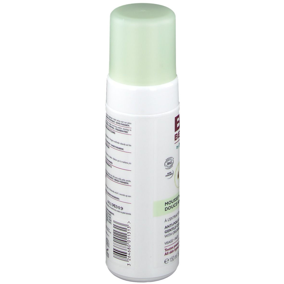 Flacone bianco con tappo verde. Scritta e testo sul lato. Retro con testo. Nome del prodotto non visibile.