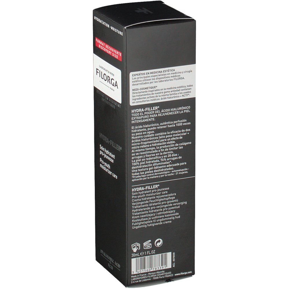 Retro della confezione nera Filorga Hydra-Filler. Testo: Hydra-Filler, 30ml, ingredienti, informazioni produttore.