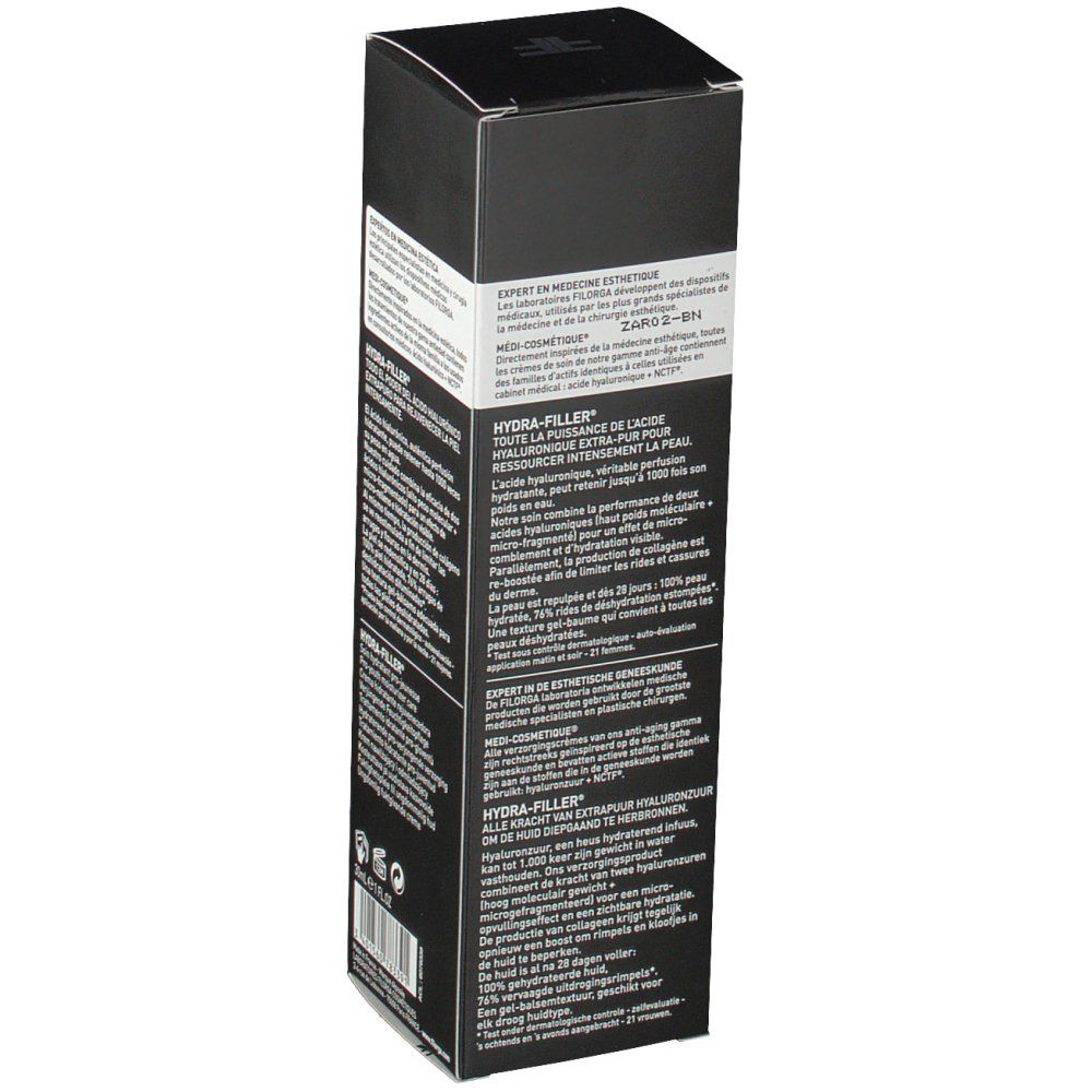 Vista laterale della confezione nera Filorga Hydra-Filler. Testo: Hydra-Filler, ingredienti, informazioni produttore.