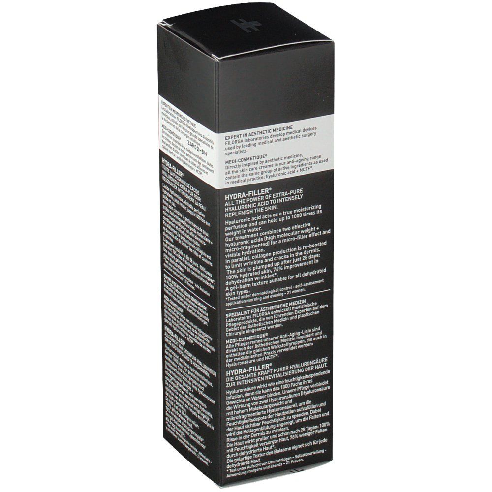 Vista laterale della confezione nera Filorga Hydra-Filler. Testo: Hydra-Filler, ingredienti, informazioni produttore.