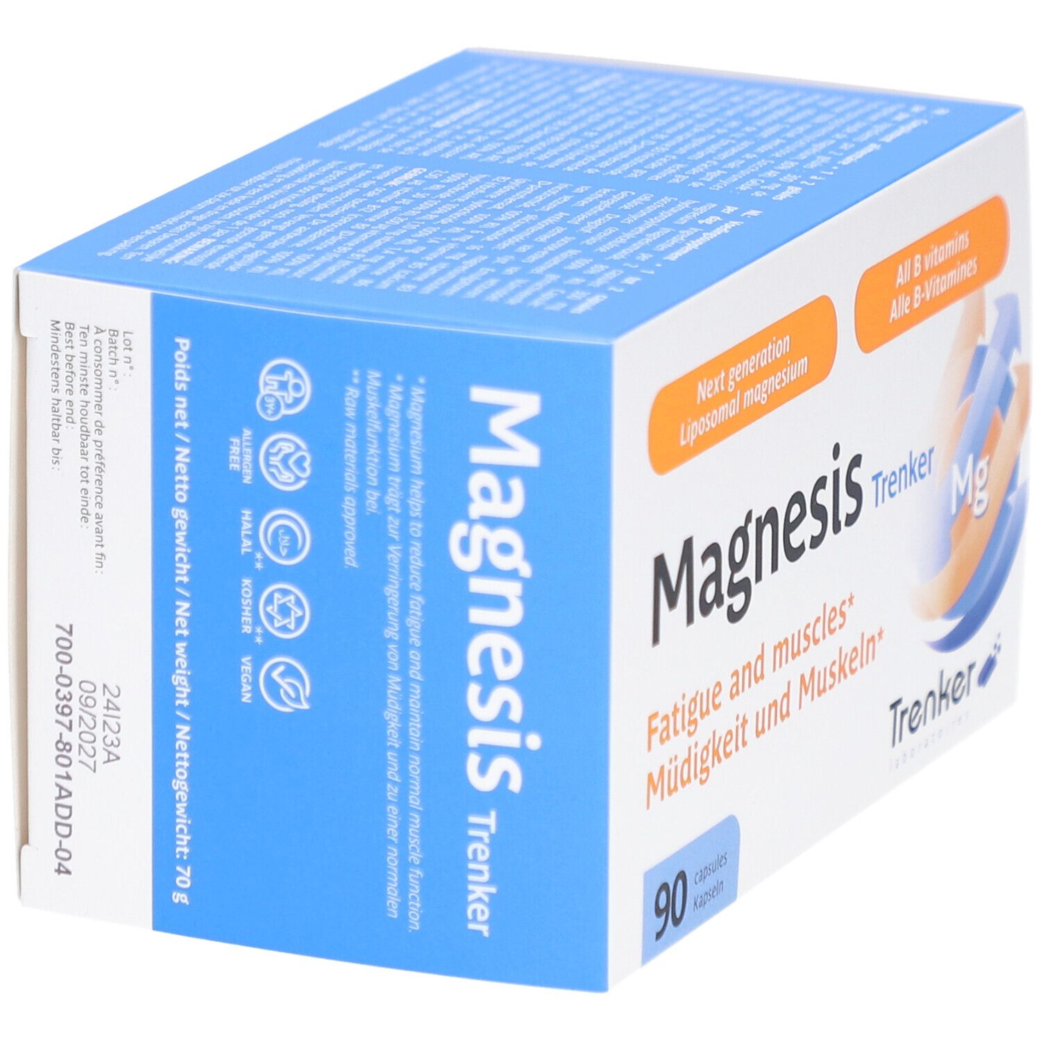 Trenker Magnesis: Da 1 a 2 capsule al giorno. Contiene magnesio e vitamine B.