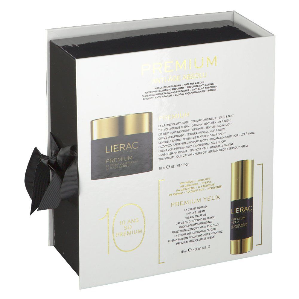 Retro della confezione regalo con crema e contorno occhi. Testo multilingue. Logo e illustrazioni.