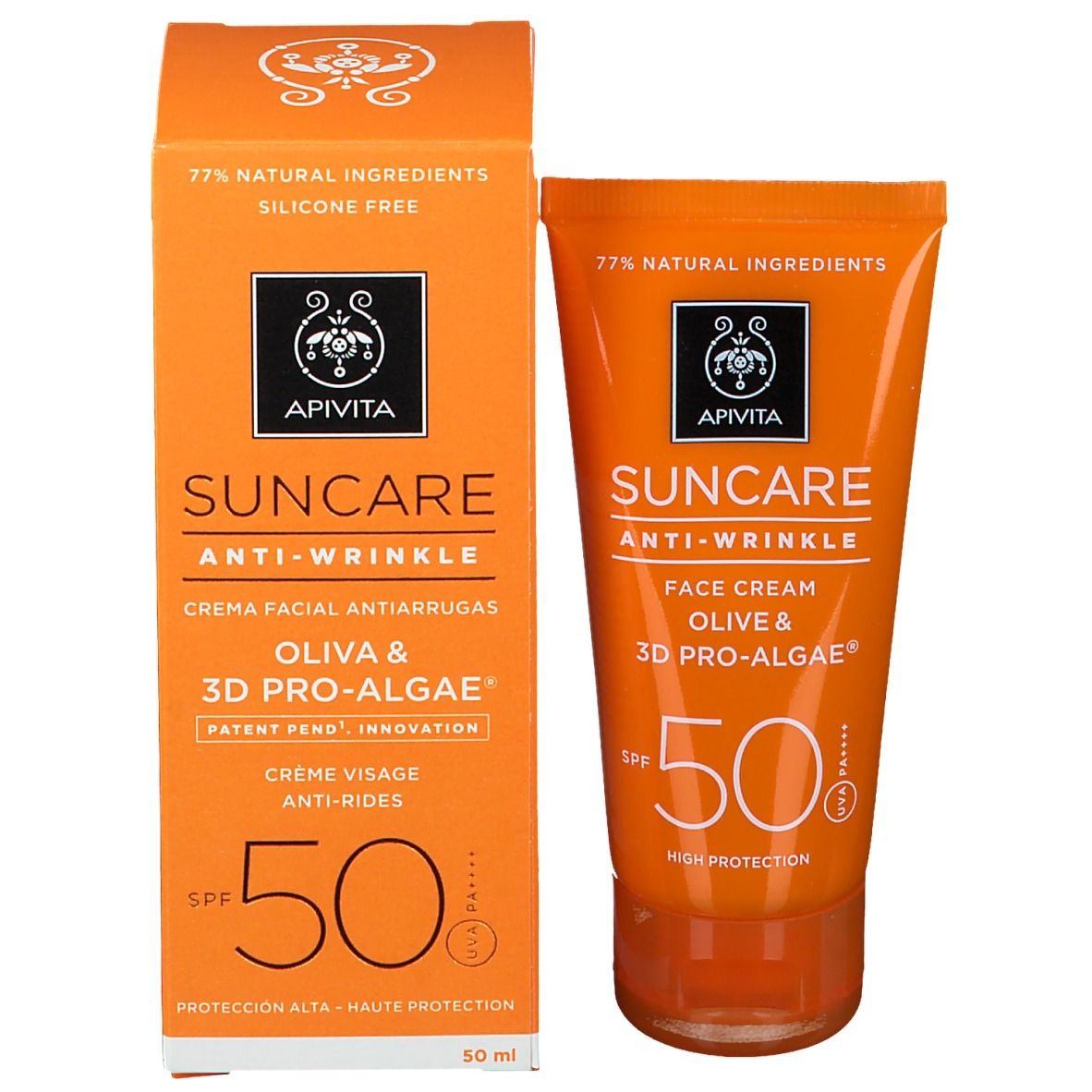Apivita Suncare Anti-Wrinkle Face Cream SPF50. Tubo e scatola. 77% ingredienti naturali. 50 ml.
